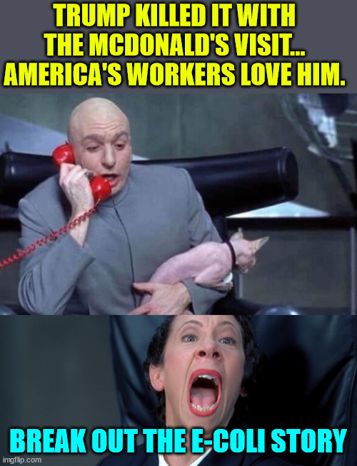 Dr. Evil and Frau | TRUMP KILLED IT WITH THE MCDONALD'S VISIT... AMERICA'S WORKERS LOVE HIM. BREAK OUT THE E-COLI STORY | image tagged in dr evil and frau | made w/ Imgflip meme maker