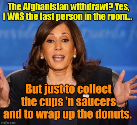 If you're stupid enough to believe otherwise, well...Bless your heart. | The Afghanistan withdrawl? Yes, I WAS the last person in the room... But just to collect the cups 'n saucers and to wrap up the donuts. | image tagged in kamala harris | made w/ Imgflip meme maker