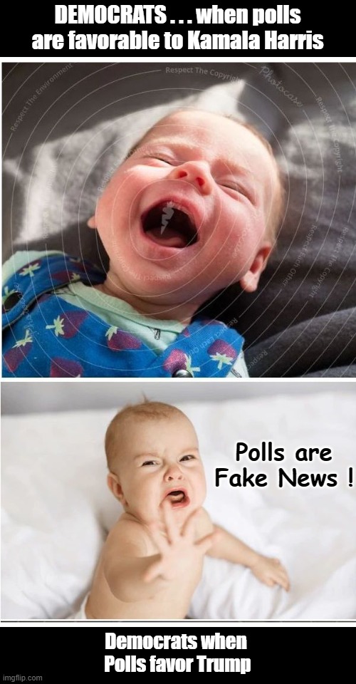 Happy Baby Cry Baby | DEMOCRATS . . . when polls are favorable to Kamala Harris; Polls are Fake News ! Democrats when 
Polls favor Trump | image tagged in happy baby cry baby | made w/ Imgflip meme maker