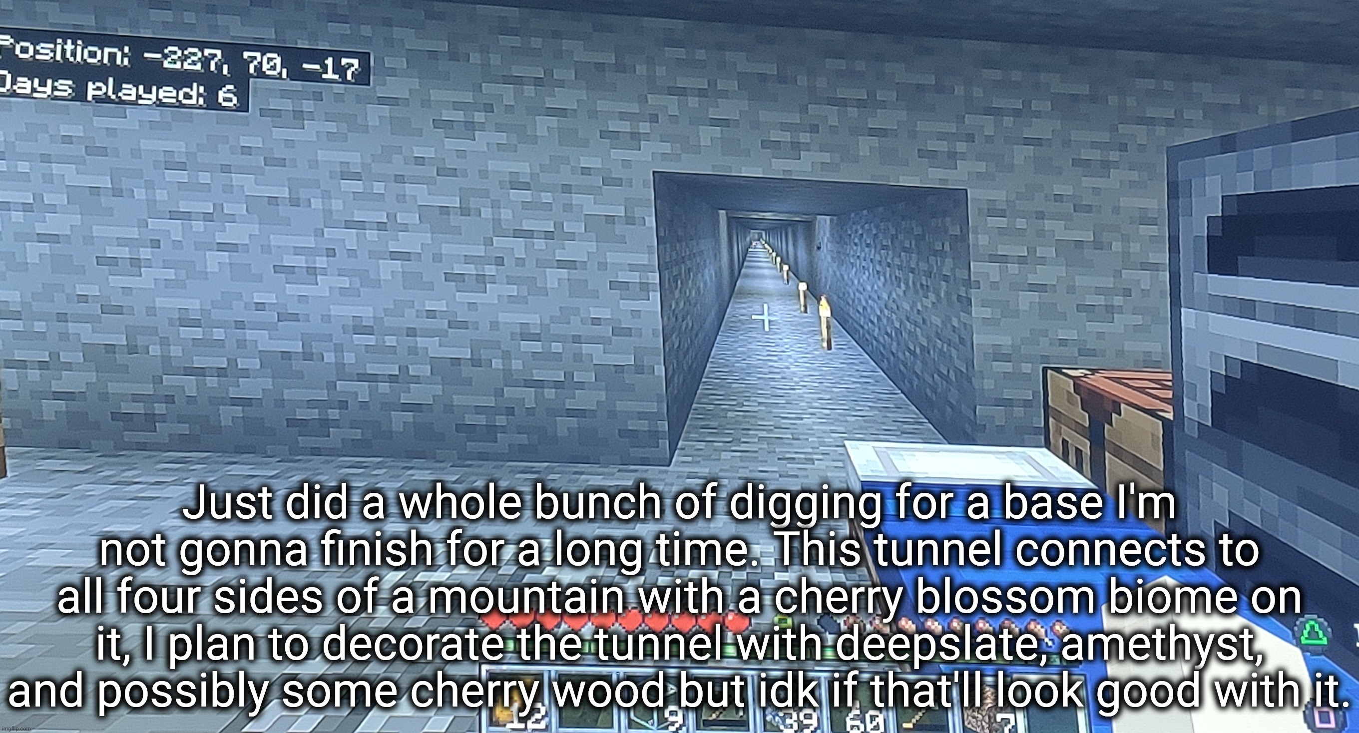 I also plan to hollow out a lot of this around the tunnel so I don't have to dig every time I wanna add a new room | Just did a whole bunch of digging for a base I'm not gonna finish for a long time. This tunnel connects to all four sides of a mountain with a cherry blossom biome on it, I plan to decorate the tunnel with deepslate, amethyst, and possibly some cherry wood but idk if that'll look good with it. | made w/ Imgflip meme maker