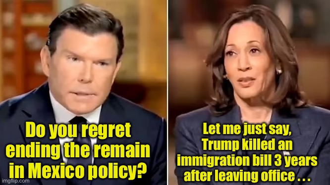 Apparently Trump did more after leaving office than the border tsar did as VP | Let me just say, Trump killed an immigration bill 3 years after leaving office . . . Do you regret ending the remain in Mexico policy? | image tagged in bret baier kamala harris interview | made w/ Imgflip meme maker