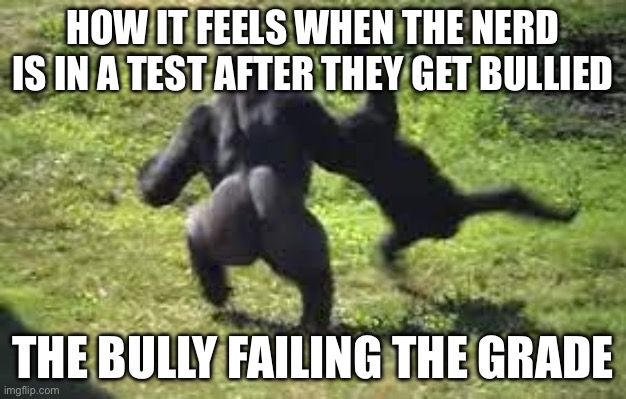 Gorilla throwing human | HOW IT FEELS WHEN THE NERD IS IN A TEST AFTER THEY GET BULLIED; THE BULLY FAILING THE GRADE | image tagged in gorilla throwing human | made w/ Imgflip meme maker