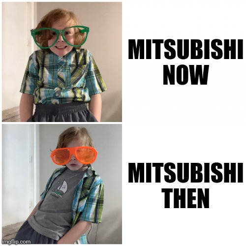 Nerd Vs Cool guy | MITSUBISHI NOW; MITSUBISHI THEN | image tagged in nerd vs cool guy | made w/ Imgflip meme maker