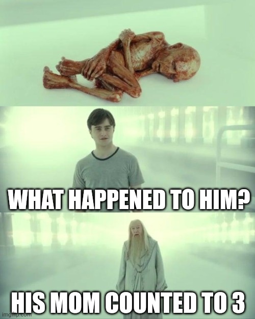 Mom counted to 3 | WHAT HAPPENED TO HIM? HIS MOM COUNTED TO 3 | image tagged in dead baby voldemort / what happened to him | made w/ Imgflip meme maker