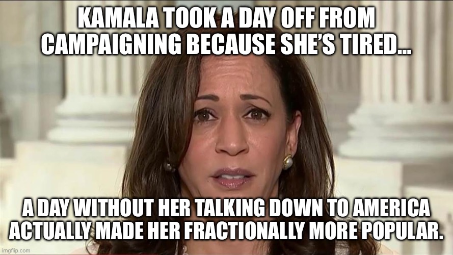 kamala harris | KAMALA TOOK A DAY OFF FROM CAMPAIGNING BECAUSE SHE’S TIRED…; A DAY WITHOUT HER TALKING DOWN TO AMERICA ACTUALLY MADE HER FRACTIONALLY MORE POPULAR. | image tagged in kamala harris | made w/ Imgflip meme maker