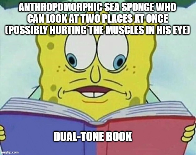 cross eyed spongebob | ANTHROPOMORPHIC SEA SPONGE WHO CAN LOOK AT TWO PLACES AT ONCE (POSSIBLY HURTING THE MUSCLES IN HIS EYE); DUAL-TONE BOOK | image tagged in cross eyed spongebob | made w/ Imgflip meme maker