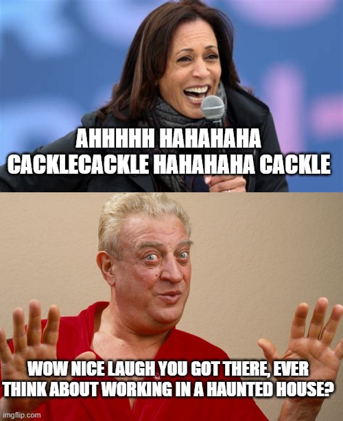 for Halloween | AHHHHH HAHAHAHA CACKLECACKLE HAHAHAHA CACKLE; WOW NICE LAUGH YOU GOT THERE, EVER THINK ABOUT WORKING IN A HAUNTED HOUSE? | image tagged in funny memes,laughing,political humor,kamala harris,idiot,stupid liberals | made w/ Imgflip meme maker