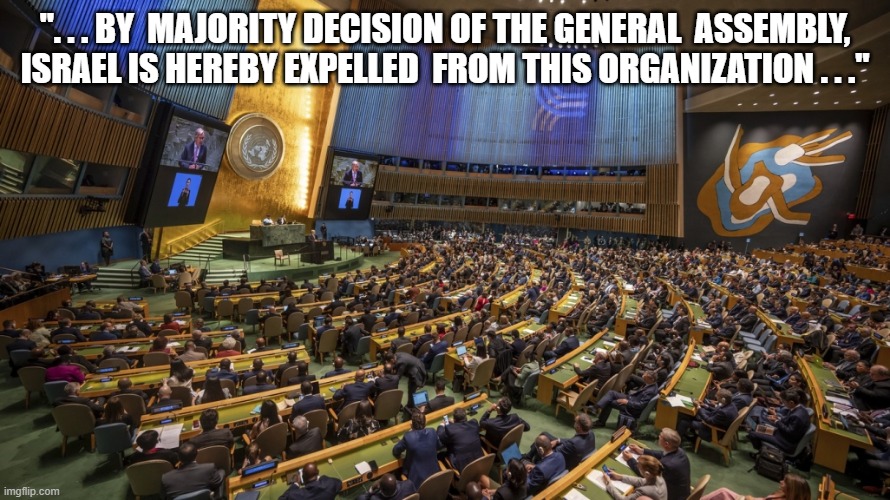 Expelled | ". . . BY  MAJORITY DECISION OF THE GENERAL  ASSEMBLY, ISRAEL IS HEREBY EXPELLED  FROM THIS ORGANIZATION . . ." | image tagged in united nations | made w/ Imgflip meme maker