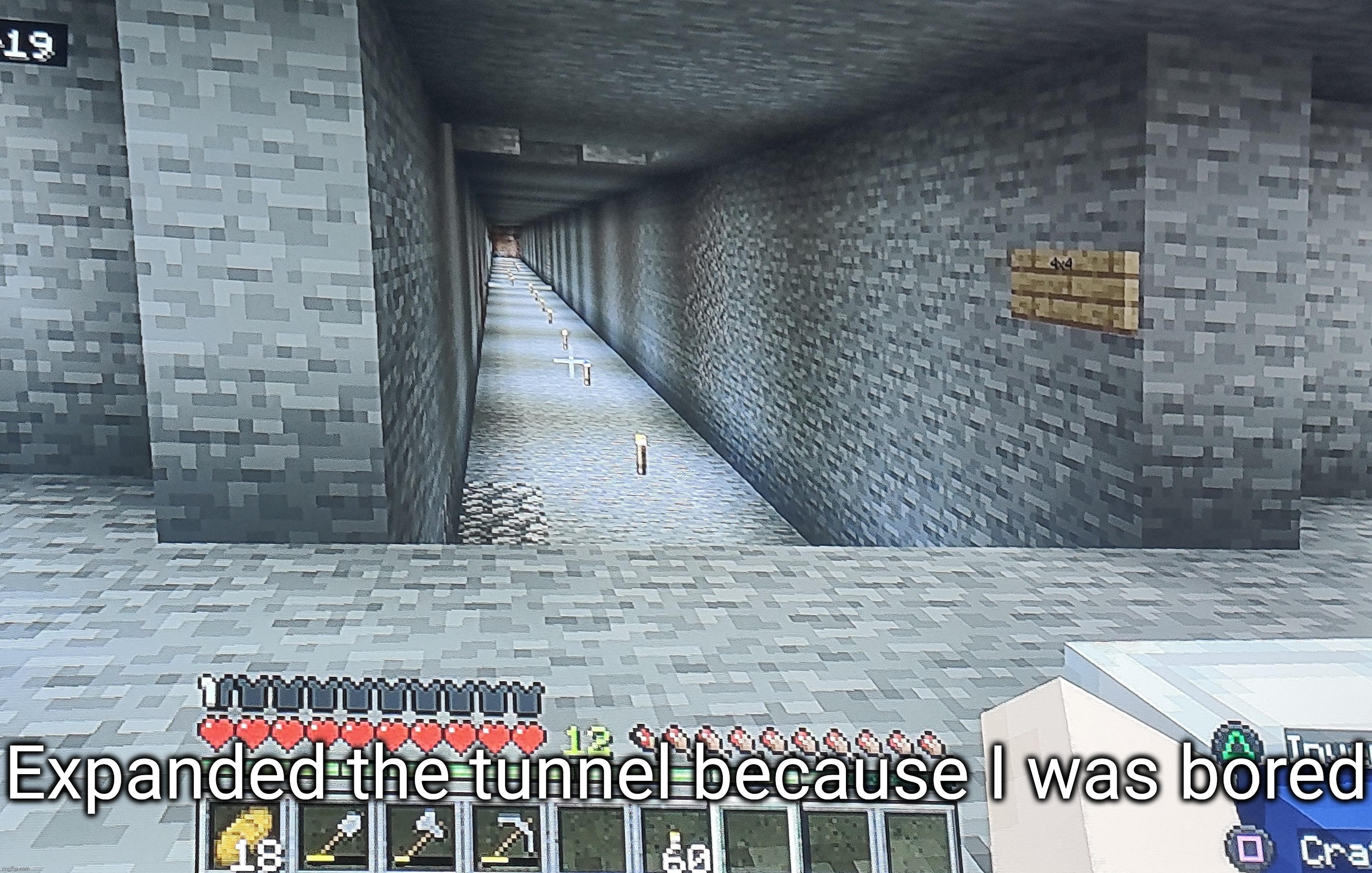 Thought about the late game a bit and decided to make it (hopefully) big enough to fly through with an elytra | Expanded the tunnel because I was bored | made w/ Imgflip meme maker