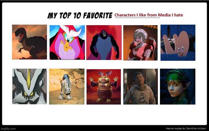 top ten characters i like from media i hate | image tagged in top ten characters i like from media i hate,top 10,media,movies,cartoons,villains | made w/ Imgflip meme maker