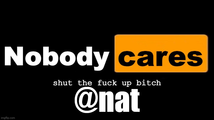 nobody cares shut the fuck up bitch (made by acid) | @nat | image tagged in nobody cares shut the fuck up bitch made by acid | made w/ Imgflip meme maker