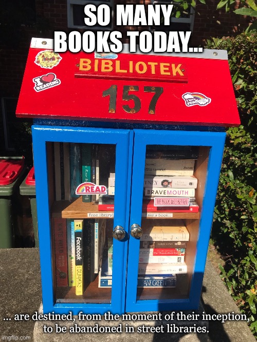 Street Library | SO MANY BOOKS TODAY…; … are destined, from the moment of their inception,
 to be abandoned in street libraries. | image tagged in street library | made w/ Imgflip meme maker