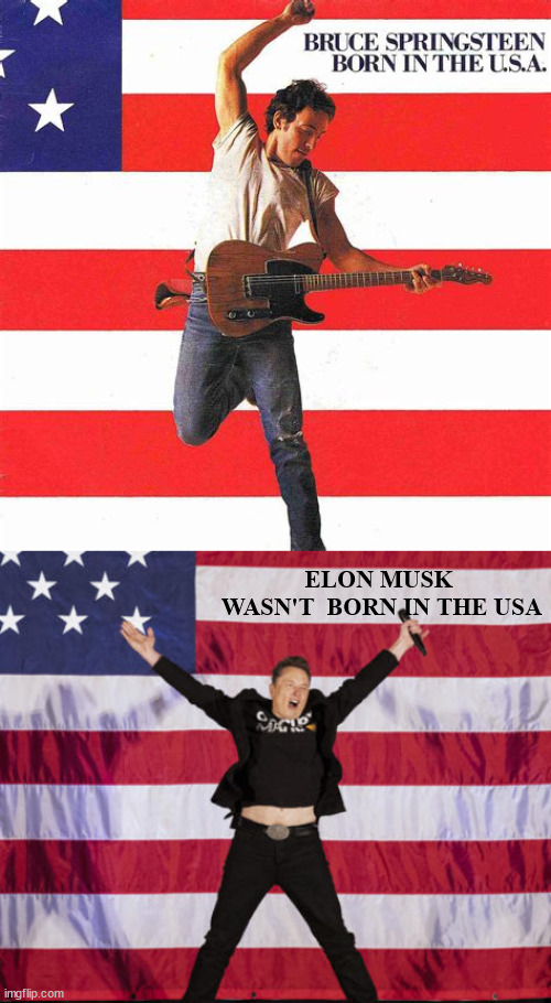 I wasn't born in the U.S.A. | ELON MUSK 

WASN'T  BORN IN THE USA | image tagged in i wasn't born in the usa,elon musk million dollar bust,the boss vs the loss,ten thousand dollar fine and or 5 yrs in jail | made w/ Imgflip meme maker