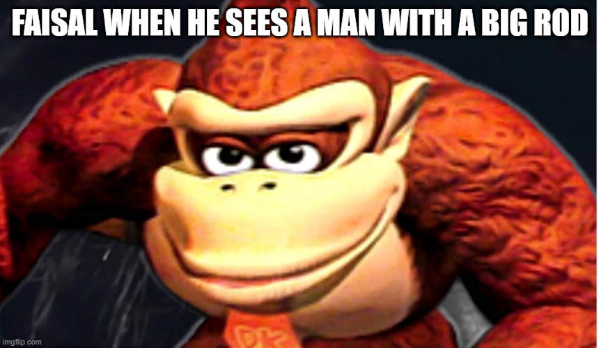 Donkey Kong’s Seducing Face | FAISAL WHEN HE SEES A MAN WITH A BIG ROD | image tagged in donkey kong s seducing face | made w/ Imgflip meme maker