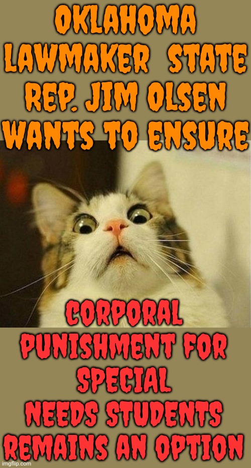 Oklahoma!  Ur Government Says You Want It 2 REMAIN Legal 4 Teachers 2 Beat Special Needs Kids.  You Do Know It's 2024, Right? | Oklahoma lawmaker  state Rep. Jim Olsen wants to ensure; corporal punishment for
SPECIAL NEEDS STUDENTS
remains an option | image tagged in memes,scared cat,we don't beat kids anymore,child abuse,special kind of stupid,we don't do that here | made w/ Imgflip meme maker