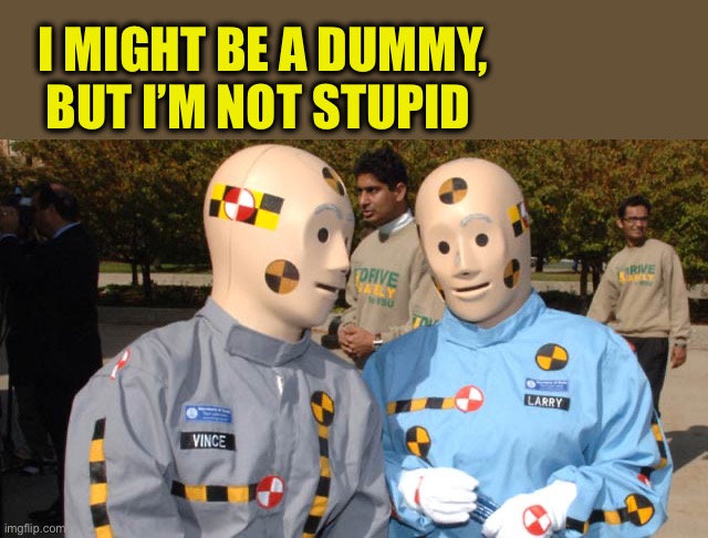 Crash test dummies | I MIGHT BE A DUMMY, BUT I’M NOT STUPID | image tagged in crash test dummies | made w/ Imgflip meme maker