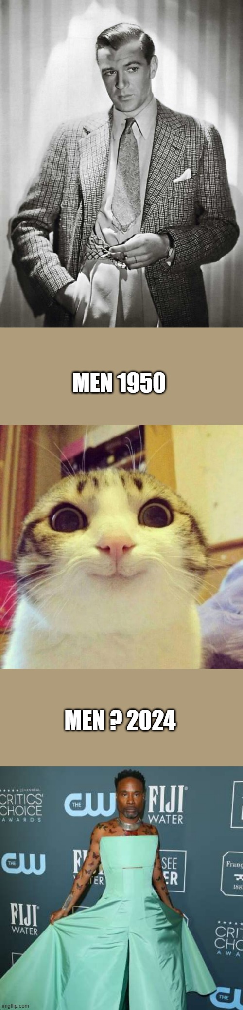 74 years of DEM progressive ideals, and social engineering,is this really what you women want. You vote for it. | MEN 1950; MEN ? 2024 | image tagged in memes,smiling cat | made w/ Imgflip meme maker