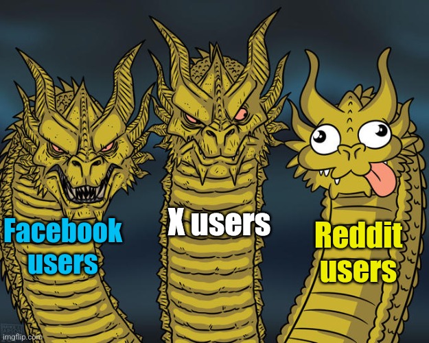 Three-headed Dragon | X users; Facebook users; Reddit users | image tagged in three-headed dragon,reddit | made w/ Imgflip meme maker