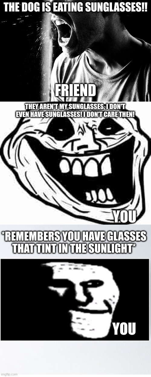 They were the glasses. (based on true story!) | THE DOG IS EATING SUNGLASSES!! FRIEND; THEY AREN'T MY SUNGLASSES, I DON'T EVEN HAVE SUNGLASSES! I DON'T CARE THEN! YOU; *REMEMBERS YOU HAVE GLASSES THAT TINT IN THE SUNLIGHT*; YOU | image tagged in scary troll face | made w/ Imgflip meme maker