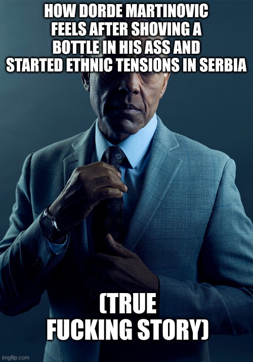 Gus Fring we are not the same | HOW DORDE MARTINOVIC FEELS AFTER SHOVING A BOTTLE IN HIS ASS AND STARTED ETHNIC TENSIONS IN SERBIA; (TRUE FUCKING STORY) | image tagged in gus fring we are not the same | made w/ Imgflip meme maker