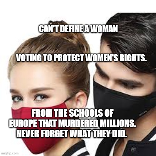 Mask Couple | CAN'T DEFINE A WOMAN                                             
    VOTING TO PROTECT WOMEN'S RIGHTS. FROM THE SCHOOLS OF EUROPE THAT MURDERED MILLIONS. NEVER FORGET WHAT THEY DID. | image tagged in mask couple | made w/ Imgflip meme maker