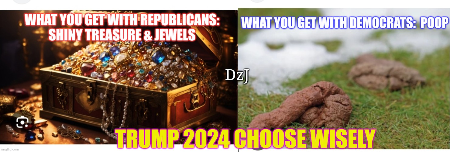 Should be an easy choice folks | WHAT YOU GET WITH DEMOCRATS:  POOP; WHAT YOU GET WITH REPUBLICANS: SHINY TREASURE & JEWELS; DzJ; TRUMP 2024 CHOOSE WISELY | image tagged in libtards,morons,losers,butthurt liberals,you're fired | made w/ Imgflip meme maker