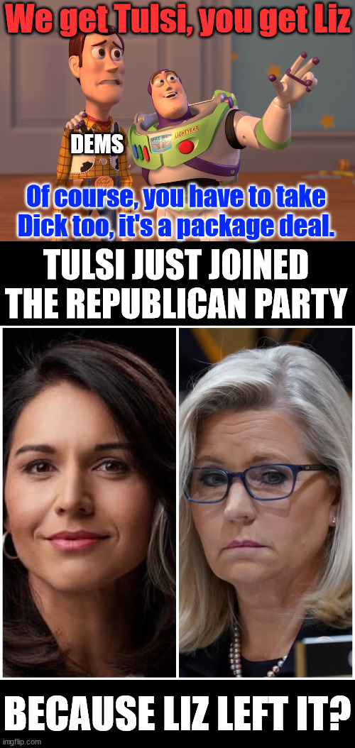 MAGA upgrade...  Rinos no longer in control | We get Tulsi, you get Liz; DEMS; Of course, you have to take Dick too, it's a package deal. TULSI JUST JOINED THE REPUBLICAN PARTY; BECAUSE LIZ LEFT IT? | image tagged in memes,x x everywhere,democrats,party of hate and warmongers | made w/ Imgflip meme maker