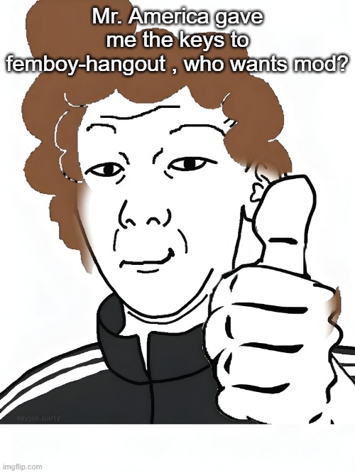 It's now a shitpost stream | Mr. America gave me the keys to femboy-hangout , who wants mod? | image tagged in rotisserie kuz soyjak | made w/ Imgflip meme maker