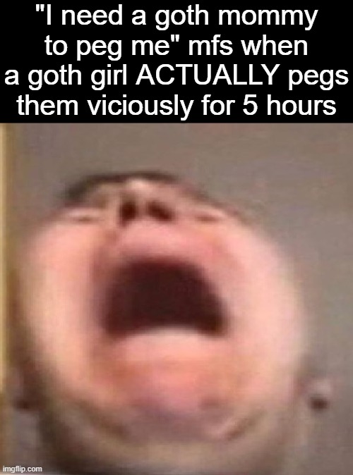 . | "I need a goth mommy to peg me" mfs when a goth girl ACTUALLY pegs them viciously for 5 hours | image tagged in nikocado scream | made w/ Imgflip meme maker