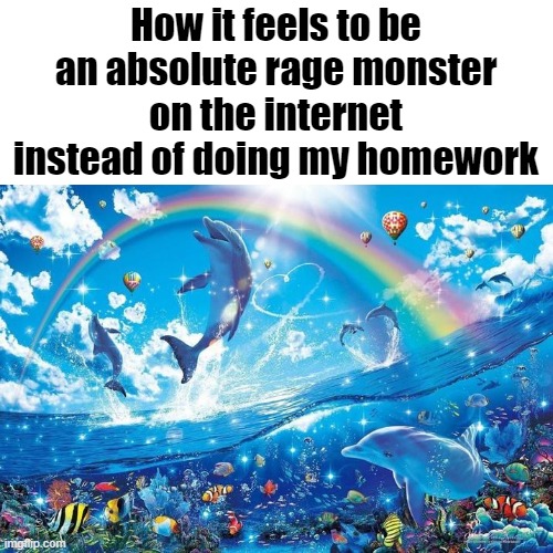 Happy dolphin rainbow | How it feels to be an absolute rage monster on the internet instead of doing my homework | image tagged in happy dolphin rainbow | made w/ Imgflip meme maker