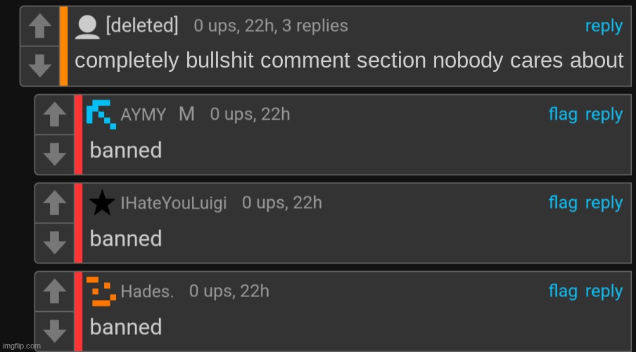 Banned | completely bullshit comment section nobody cares about | image tagged in banned | made w/ Imgflip meme maker