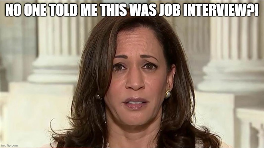 kamala harris | NO ONE TOLD ME THIS WAS JOB INTERVIEW?! | image tagged in kamala harris | made w/ Imgflip meme maker