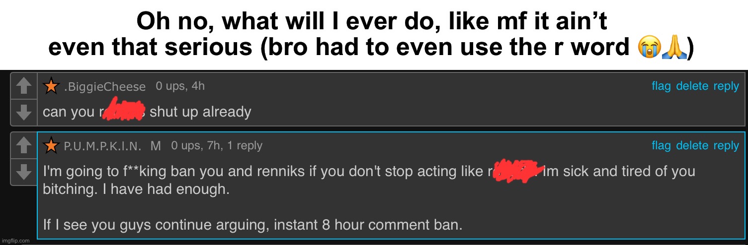 Remove bluds mod if he can’t handle a lil argument that he ain’t even apart of | Oh no, what will I ever do, like mf it ain’t even that serious (bro had to even use the r word 😭🙏) | made w/ Imgflip meme maker