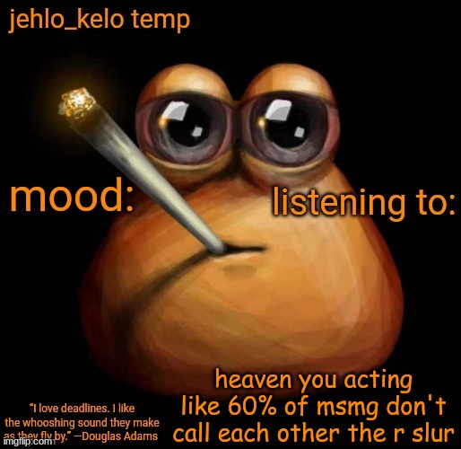 jehlo kelo temp | heaven you acting like 60% of msmg don't call each other the r slur | image tagged in jehlo kelo temp | made w/ Imgflip meme maker