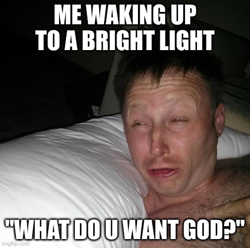 Fr this is what it be like | ME WAKING UP TO A BRIGHT LIGHT; "WHAT DO U WANT GOD?" | image tagged in limmy waking up | made w/ Imgflip meme maker