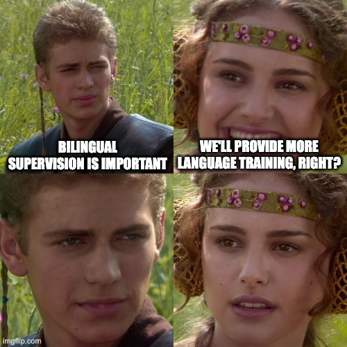 Anakin Padme 4 Panel | BILINGUAL SUPERVISION IS IMPORTANT; WE'LL PROVIDE MORE LANGUAGE TRAINING, RIGHT? | image tagged in anakin padme 4 panel | made w/ Imgflip meme maker