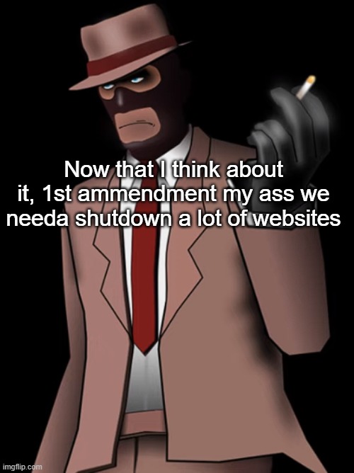 Scratch has literal 11 yr olds think that they are wolves, Tumblr and Reddit are full of Commies, and 4chan is full of Nazis | Now that I think about it, 1st ammendment my ass we needa shutdown a lot of websites | image tagged in spy smoking a cigarette | made w/ Imgflip meme maker