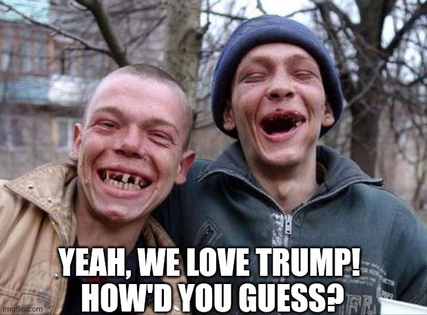 No teeth | YEAH, WE LOVE TRUMP! 
HOW'D YOU GUESS? | image tagged in no teeth,scumbag republicans,terrorists,trailer trash,conservative hypocrisy,jeffrey epstein | made w/ Imgflip meme maker