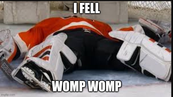 funny | I FELL; WOMP WOMP | image tagged in hockey | made w/ Imgflip meme maker