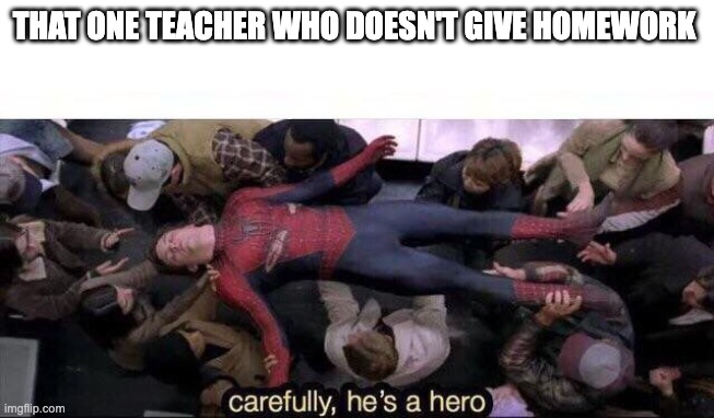 Carefully he's a hero | THAT ONE TEACHER WHO DOESN'T GIVE HOMEWORK | image tagged in carefully he's a hero | made w/ Imgflip meme maker