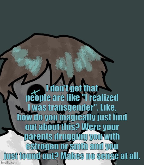 OsDe plush (thanks Disco) | I don't get that people are like "I realized I was transgender". Like, how do you magically just find out about this? Were your parents drugging you with estrogen or smth and you just found out? Makes no sense at all. | image tagged in osde plush thanks disco | made w/ Imgflip meme maker
