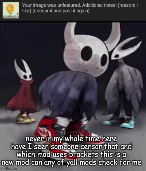 never in my whole time here have I seen someone censor that and which mod uses brackets this is a new mod can any of yall mods check for me | image tagged in hollow knight drip | made w/ Imgflip meme maker