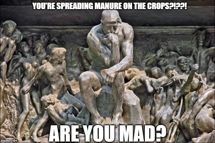 The Stinker Ruminates Over How To Increase Brawndo Sales (Rodin's Gates of Hell Meets Idiocracy) | YOU'RE SPREADING MANURE ON THE CROPS?!??! ARE YOU MAD? | image tagged in idiocracy,rodin,gates of hell,brawndo | made w/ Imgflip meme maker