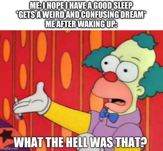 Krusty the clown says what the hell was that | ME: I HOPE I HAVE A GOOD SLEEP
*GETS A WEIRD AND CONFUSING DREAM*
ME AFTER WAKING UP: | image tagged in krusty the clown says what the hell was that | made w/ Imgflip meme maker