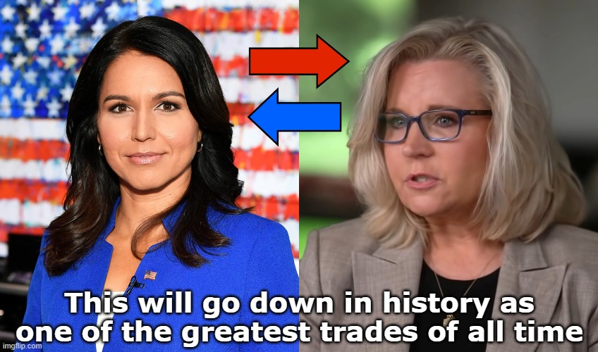 Not since the BoSox traded the Babe to the Yankees... | This will go down in history as one of the greatest trades of all time | image tagged in tulsi gabbard,liz cheney,trade | made w/ Imgflip meme maker