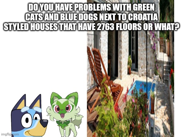 Do you? •`_’• | DO YOU HAVE PROBLEMS WITH GREEN CATS AND BLUE DOGS NEXT TO CROATIA STYLED HOUSES THAT HAVE 2763 FLOORS OR WHAT? | made w/ Imgflip meme maker