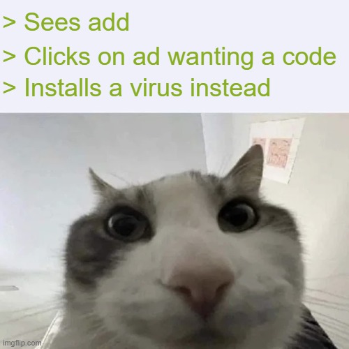green text cat | > Sees add > Clicks on ad wanting a code > Installs a virus instead | image tagged in green text cat | made w/ Imgflip meme maker