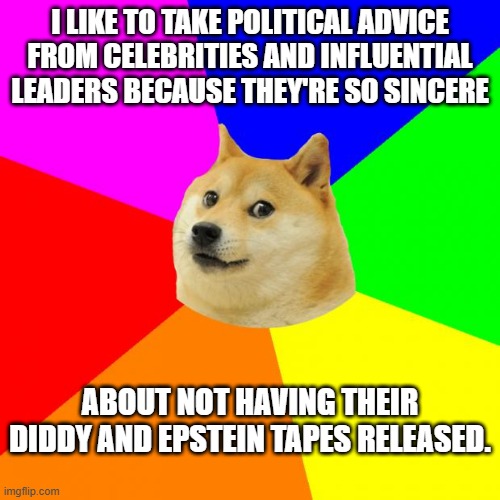 Political Advice Doge | I LIKE TO TAKE POLITICAL ADVICE FROM CELEBRITIES AND INFLUENTIAL LEADERS BECAUSE THEY'RE SO SINCERE; ABOUT NOT HAVING THEIR DIDDY AND EPSTEIN TAPES RELEASED. | image tagged in memes,advice doge,diddy,kamala harris,president trump | made w/ Imgflip meme maker