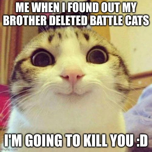 Smiling Cat Meme | ME WHEN I FOUND OUT MY BROTHER DELETED BATTLE CATS; I'M GOING TO KILL YOU :D | image tagged in memes,smiling cat,battle cats | made w/ Imgflip meme maker