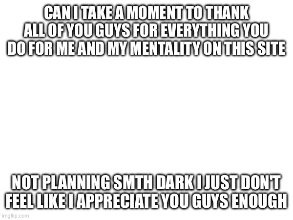 You'r'we awesome | CAN I TAKE A MOMENT TO THANK ALL OF YOU GUYS FOR EVERYTHING YOU DO FOR ME AND MY MENTALITY ON THIS SITE; NOT PLANNING SMTH DARK I JUST DON'T FEEL LIKE I APPRECIATE YOU GUYS ENOUGH | image tagged in e | made w/ Imgflip meme maker